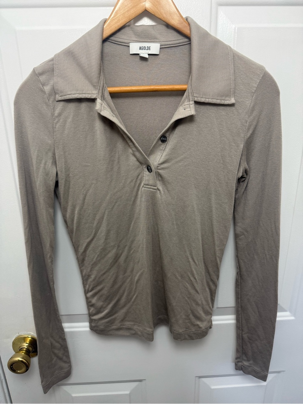 Agolde Beige Long Sleeve Collared Polo Top Size Small Casual Minimalist